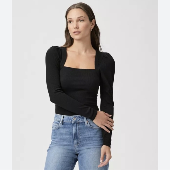 Long Sleeve Sibyl Top In Black Rib Knit With Puff Sleeves Size M - Picture 3 of 16